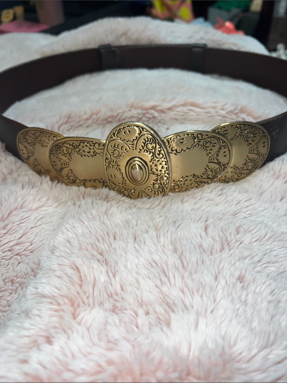Chico’s ornate gold medallion/concho brown leather belt